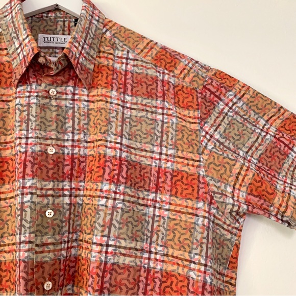 Orange check plaid geometric design short sleeve shirt by Tuttle Sportswear - Picture 11 of 16